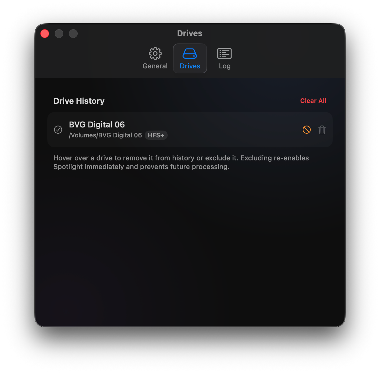Spotlight Off — Drives tab showing drive history