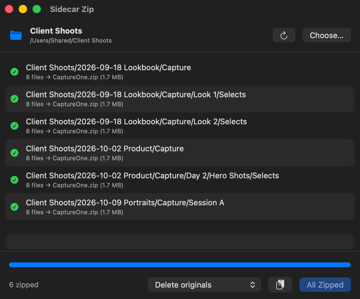 Capture One Sidecar Zip after zipping every CaptureOne folder