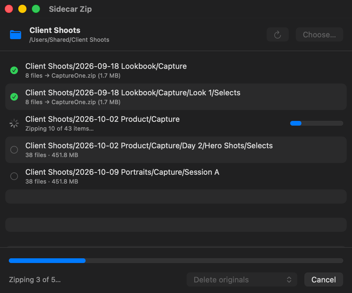 Capture One Sidecar Zip mid-run with per-folder and overall progress
