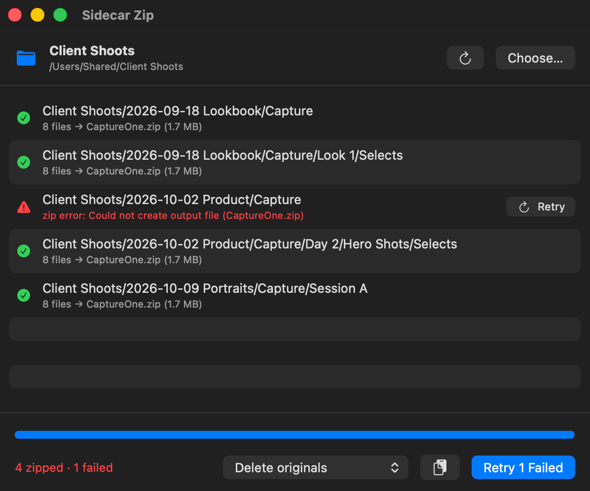 Capture One Sidecar Zip showing a failed folder with its error and a Retry button