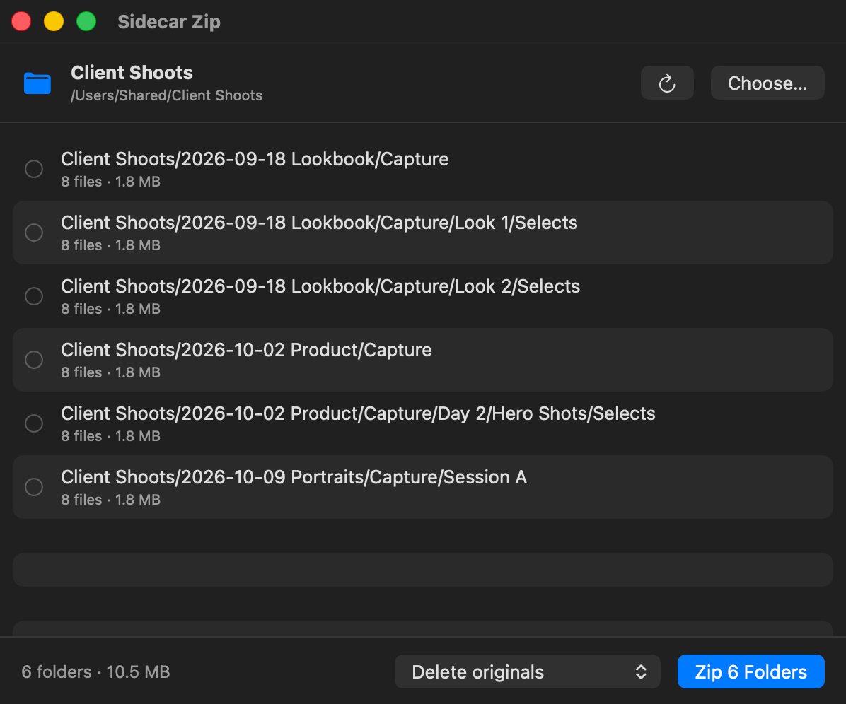 Capture One Sidecar Zip listing nested CaptureOne folders before zipping